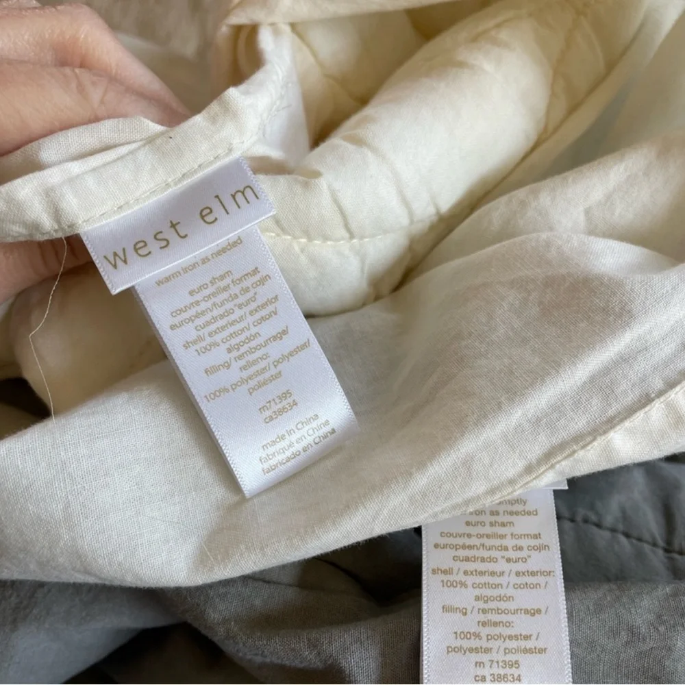 Set of 3 West Elm Quilted Euro sham one ivory braided and 2 greige lines cotton